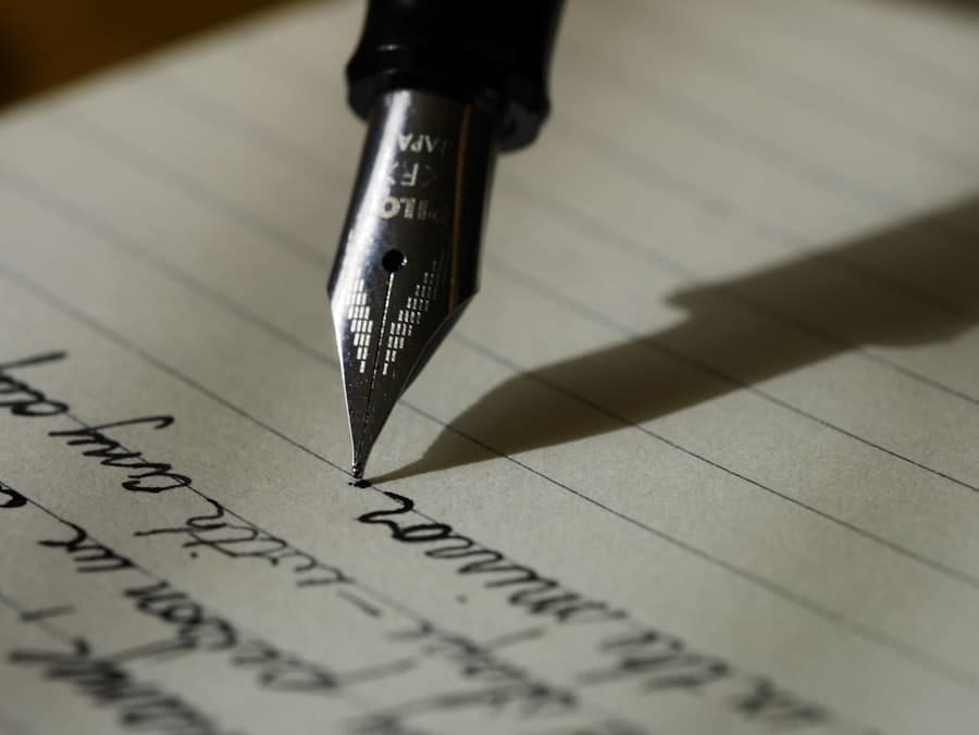 A fountain pen writing on lined paper, suggesting personal correspondence